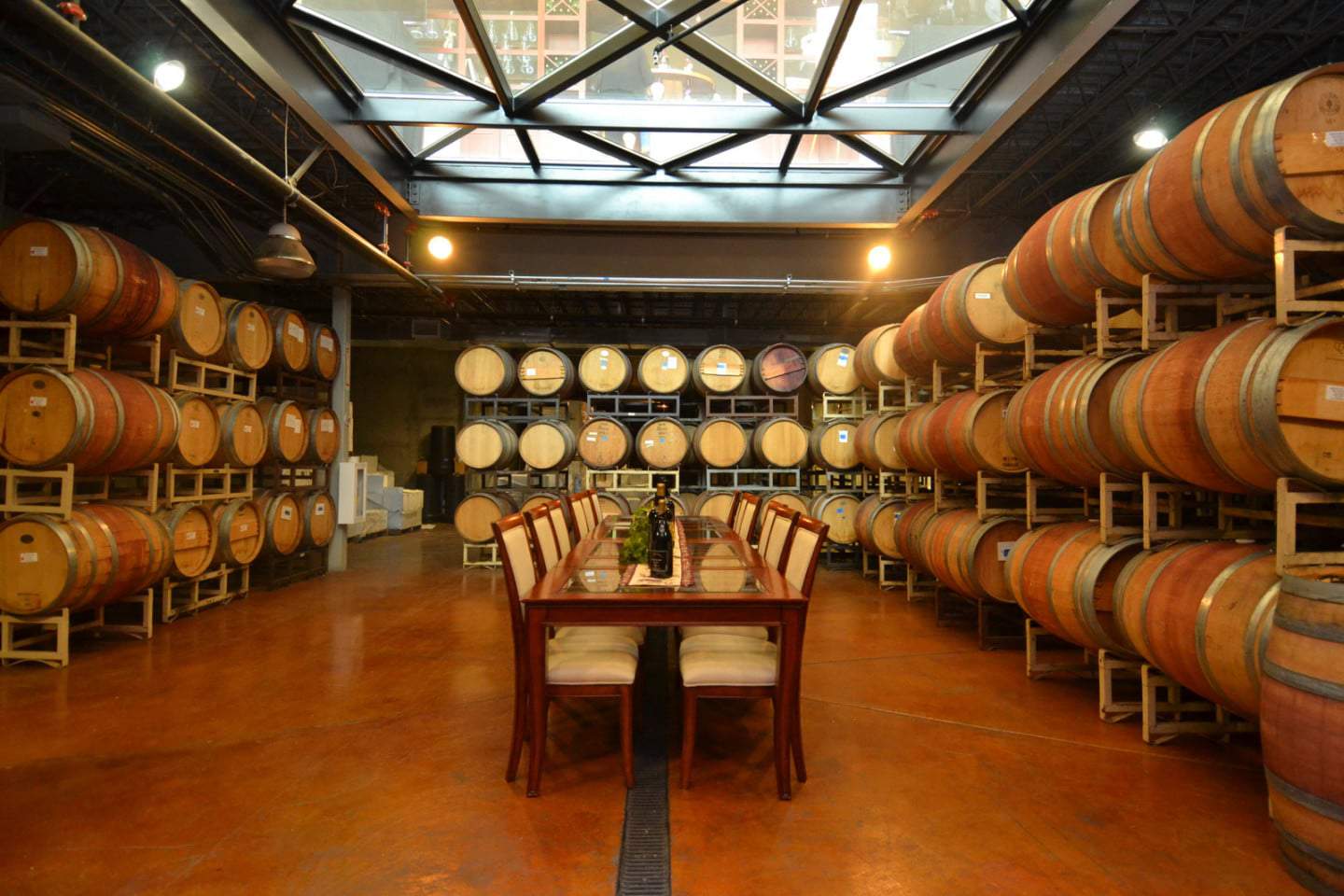 Monte de Oro barrel room w_ glass ceiling Temecula Winery