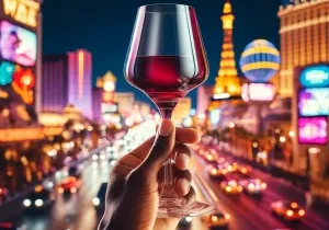 DALL·E 2024-06-04 14.18.44 - A close-up image of a glass of wine held high in a hand with darker skin, with the iconic Las Vegas Strip in the background. The wine glass is clear a
