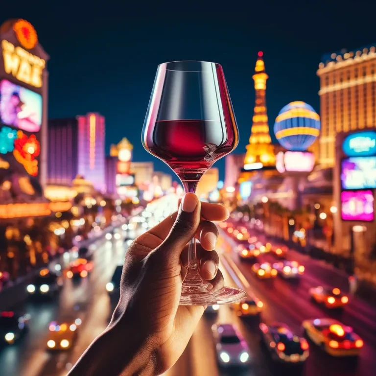 DALL·E 2024-06-04 14.18.44 - A close-up image of a glass of wine held high in a hand with darker skin, with the iconic Las Vegas Strip in the background. The wine glass is clear a