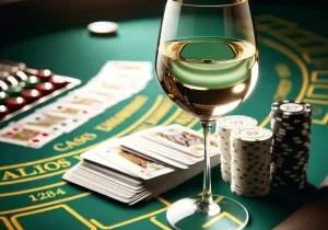 DALL·E 2024-06-04 14.23.49 - A glass of white wine sitting next to a stack of cards on a classic green-topped blackjack table like those in Vegas casinos. The glass is elegantly d