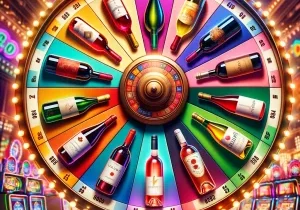 DALL·E 2024-06-04 14.30.10 - A vibrant prize wheel with different wine bottles as the prizes. Each section of the wheel displays a unique wine bottle with accurate bottle shapes,