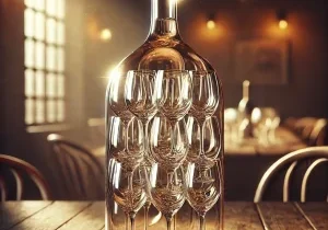 DALL·E 2024-06-20 12.41.17 - A photorealistic image of a wine bottle filled with empty wine glasses. The bottle is standing upright on a wooden table with a warm, rustic backgroun
