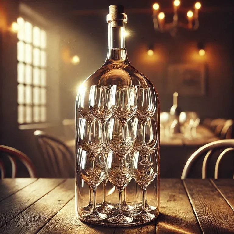 DALL·E 2024-06-20 12.41.17 - A photorealistic image of a wine bottle filled with empty wine glasses. The bottle is standing upright on a wooden table with a warm, rustic backgroun