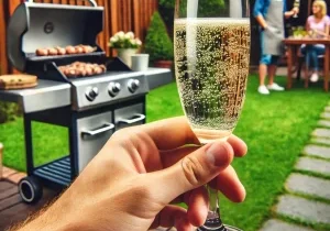 DALL·E 2024-07-05 14.50.26 - A photo-realistic scene of a refreshing glass of sparkling wine on a hot day with a barbecue happening in a typical middle-class US backyard. The chil