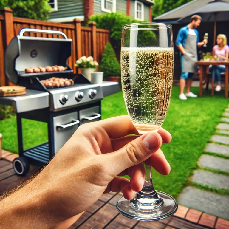 DALL·E 2024-07-05 14.50.26 - A photo-realistic scene of a refreshing glass of sparkling wine on a hot day with a barbecue happening in a typical middle-class US backyard. The chil